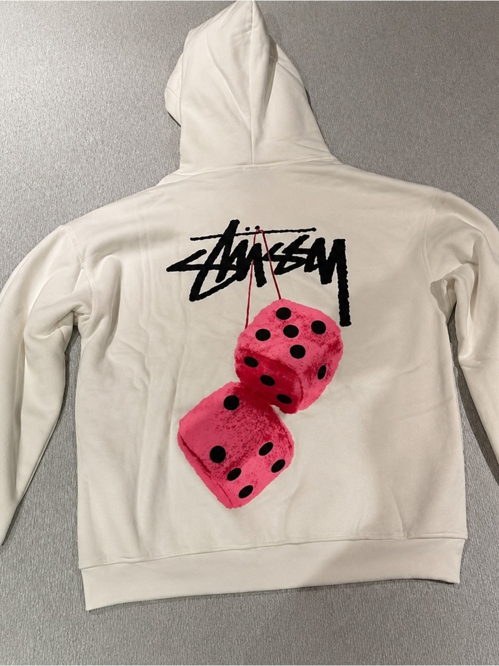 Stussy White Hoodie with Pink Dice Graphic